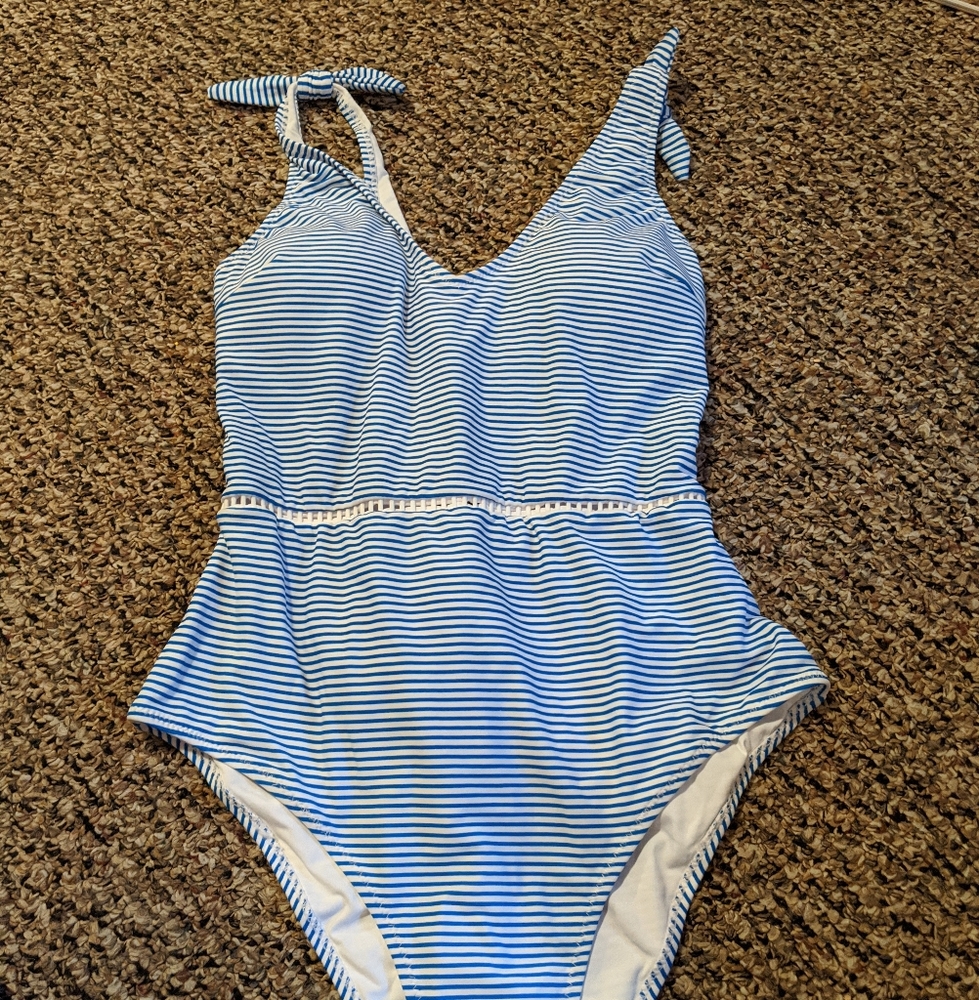 Blue stripe Lace up back one piece swimsuit